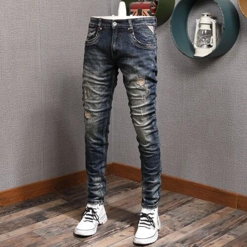High Street Mens Dark Blue Ripped Jeans Fashion Straight Slim Fit Pants For Cowboy Men