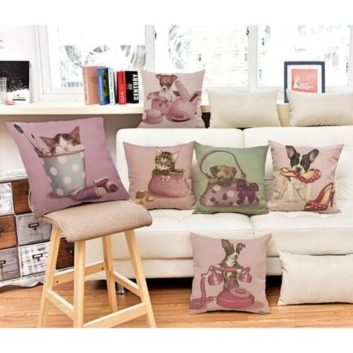 Cute Animal Cat Dog Print Cushion Cover Throw Pillow Case Cotton Linen Euro Sofa Children Room Decorative Pillow Cover Cojines