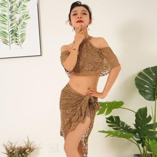 New Sexy Irregular 2Pcs Women Oriental Belly Dance Costume Performance Belly Dance Team Lace Practice Printing Clothes DWY1844