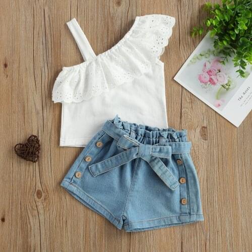 Newest Arrival Summer Fashion Toddler Girls 2Pcs Outfits One Shoulder Strap Ruffle Tops+Belted Denim Jeans Shorts Clothing Set