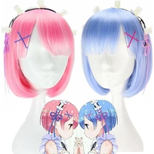 Anime Re:Life In A Different World From Zero Ram Rem Short Blue Pink Wig Cosplay Costume Prop+Wig cap Anime cosplay wig