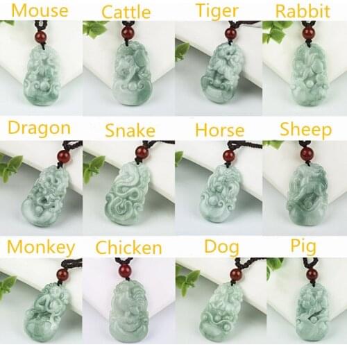 BURMA JADEITE PENDANT HAND CARVED LUCKY AMULET CHINESE ZODIAC JADE NECKLACE WITH CHAIN FOR MEN WOMEN GIFT DROP SHIPPING