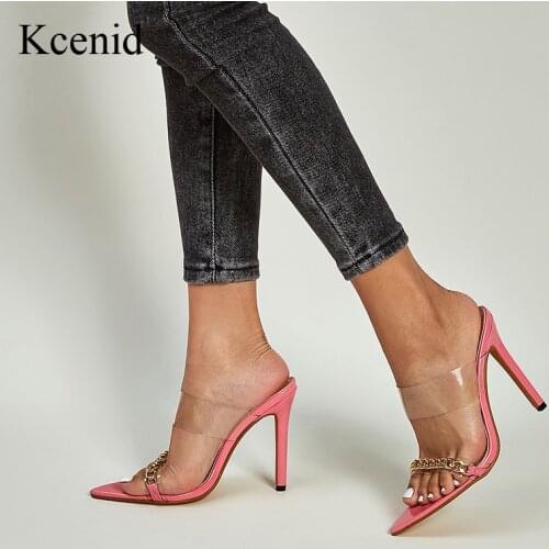 Kcenid Fashion Design Slip On Transparent Mules Slippers Trendy Chain Sandal Shoes Sexy High Heels Sharp Toe Slides Big Size 42