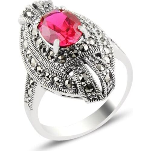 Silver 925 Sterling Ruby Zircon & Marcasite Ring
