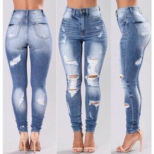 FNOCE autumn winter womens jeans pants solid color hight waist skinny hole hollow out Pencil Pants fashion elegant denim pants