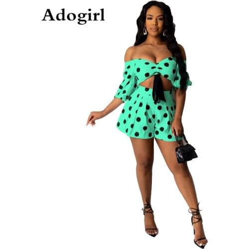 Women Polka Dot 2 Piece Set Off Shoulder Lace Up Crop Top+ High Waist Shorts Suits 2020 Summer Beach Street Wear Tracksuit S-XXL