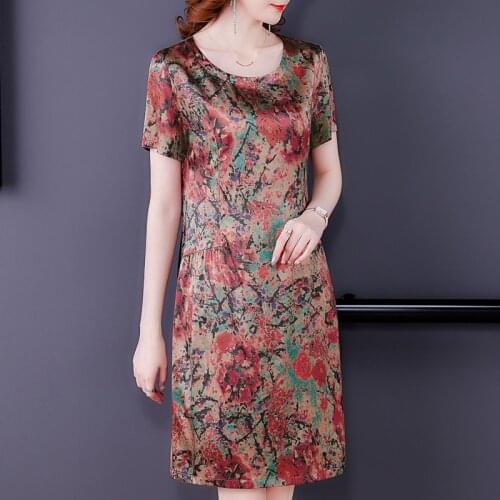 Casual Women Red Floral Mulberry Silk Midi Dress Summer Vintage Print Satin 4XL Beach Dress 2021 Elegant Bodycon Party Vestidos