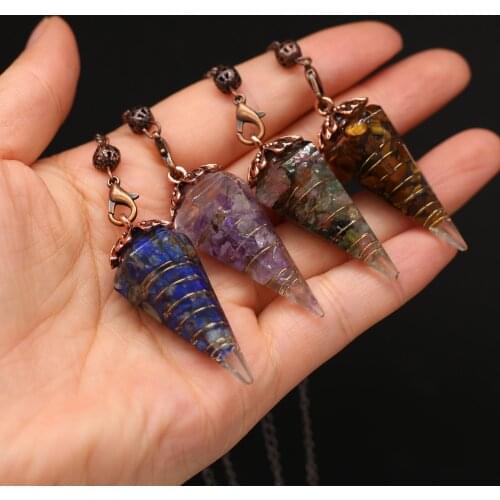 Charms Natural Stone Pendant Necklace Round Conical Shape Agates Pendant Necklace for Women Jewelry Gift 17x45mm Length 22cm