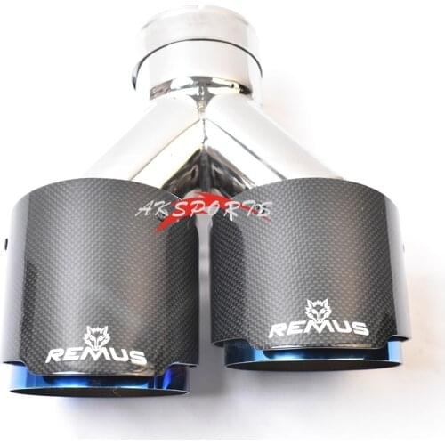 1PC Right Side Glossy Blue Stainless Steel Straight End Tail Pipe Fiber Carbon Muffler Tip Exhaust With Remus Logo