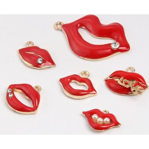 10pcs/pack SEXY Red Mouth Charms Metal Pendant Golden Color Earring DIY Fashion Jewelry Accessories
