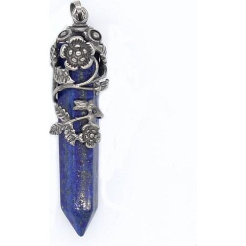 100-Unique 1 Pcs Silver Plated Hexagonal Prism Inlay Flower Leaf Pendant Lapis Lazuli Modern Jewelry