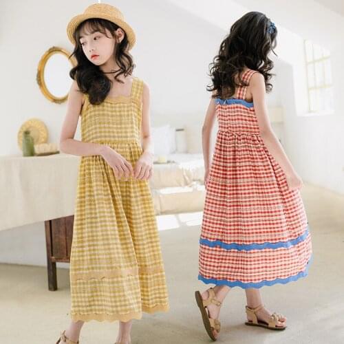 2021 Plaid Girl Dresses Strap Sweet Long 5-14 Years Old Children Holiday Beach Dress Robe Princesse Enfant Fille