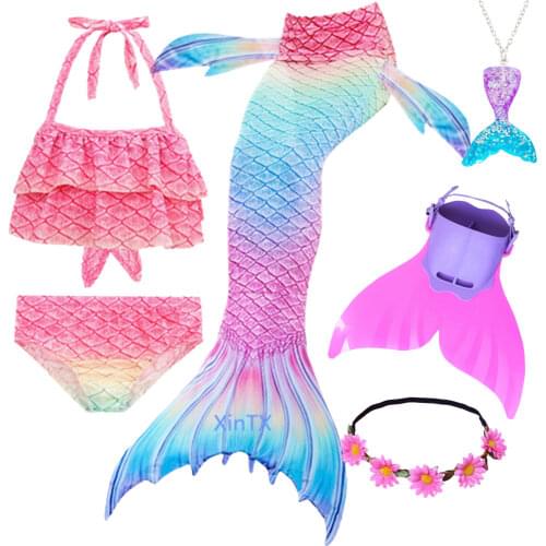 2020 NEW Arrival!6PCS/Set Rainbow Style Mermaid Tail Swimsuit with Fin for Kids Girls Holiday Dress Costume Bathing Swimuit