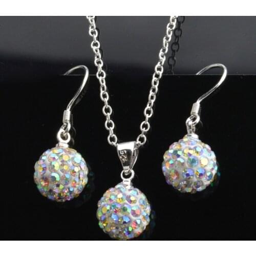Brand Female Jewelry Set Womens Fashion Ab White Crystal 10mm Ball Drop Earrings Necklace Pendant Set Silver Color Wholesale