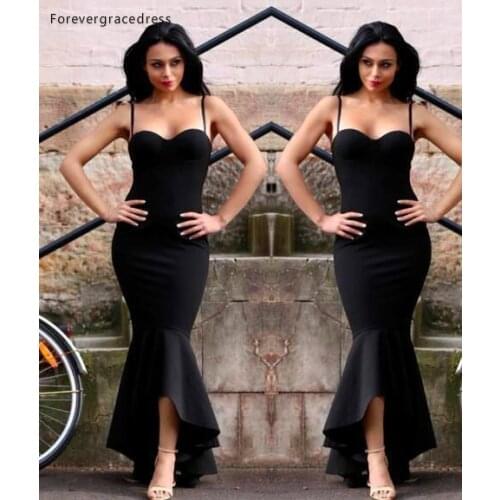 Black Mermaid Evening Dress Sexy Hi Lo Spaghetti Straps Satin Long Formal Party Gown Custom Made Plus Size