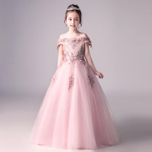 Elegant girl Childrens strapless wedding dresses Girl lace applique beaded dress Girl banquet elegant dress 2 to 12 years old
