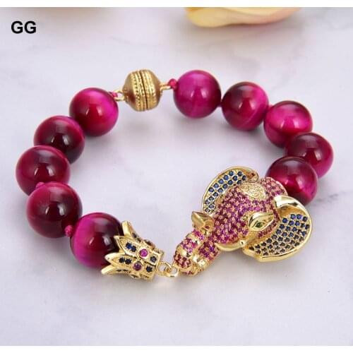 GuaiGuai Jewelry 8'' 14mm Red Rose Tigers Eye Bracelet CZ Pave Elephant Connector For Women