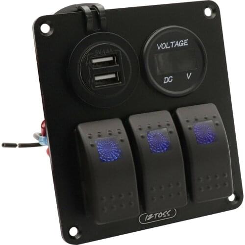 Rocker 3 Gang Switch Panel with 12V-24V Voltmeter 4.8A Dual USB Charger Blue