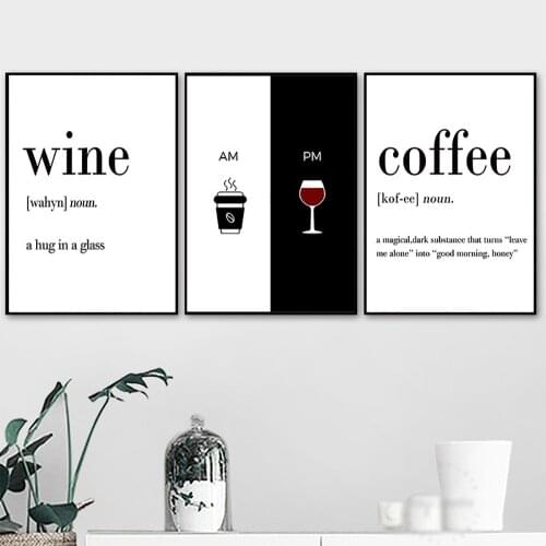 Coffee & Wine Poster Quotes Wall Art Coffee Black White Canvas Painting Minimalist Wall Pictures For Kitchen Modern Home Decor