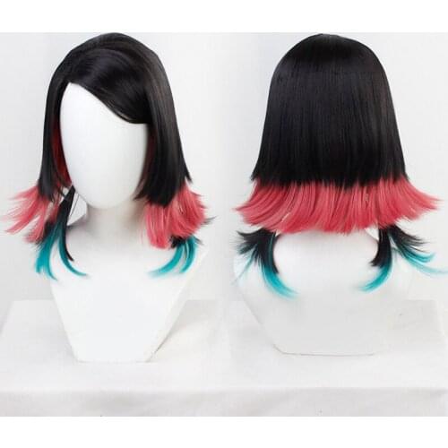 Anime Demon Slayer Kimetsu No Yaiba Enmu Short Mixed Color Heat Resistant Synthetic Hair Cosplay Halloween Party + Free Wig Cap