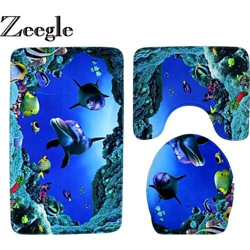 Zeegle 3Pcs/set Bathroom Carpets Set Toilet Rugs Ocean World Flannel Bath Mats Rug Shower Foot Pads Home Decor Bathroom Products