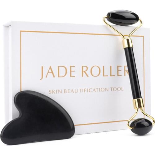 Natural Quartz Jade Roller Gua Sha Set Black Jade Guasha Scraper Stone Massage Face Lifting Facial Massager Tool for Back Neck