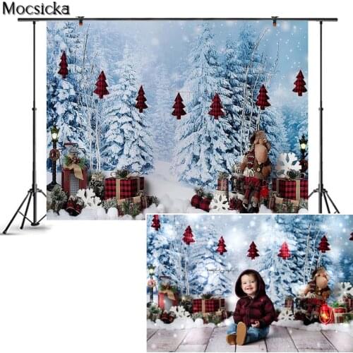 Mocsicka Christmas Photography Background Snow Scene Pine Forest Backdrop Reindeer Children portrait Decoration Props Studio