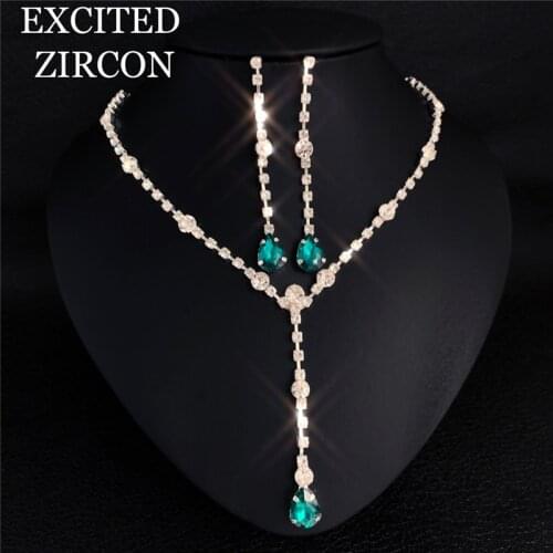 Long Rhinestone Malachite Green Drop Crystal Wedding Jewelry Sets Charm Bridal Necklace Earrings Set