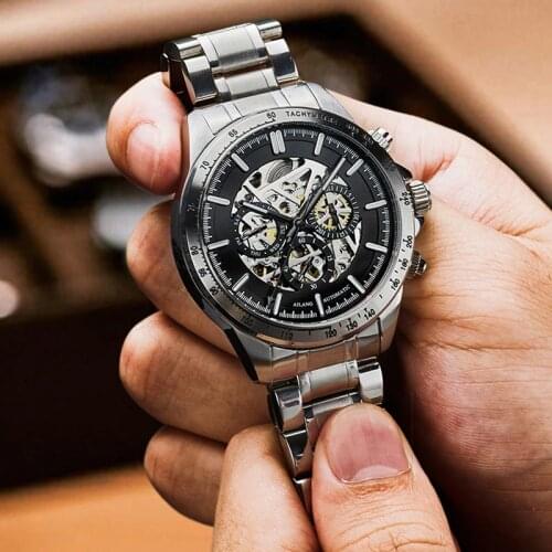 AILANG 2021 New Mens Mechanical Hollow Stainless Steel Watch Automatic Black Dial Sports Waterproof Luminous Business Watch