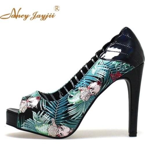 Adult printed belt with shallow shoes ladies ultra high heel waterproof platform waterproof round shoes spring and autumn mature
