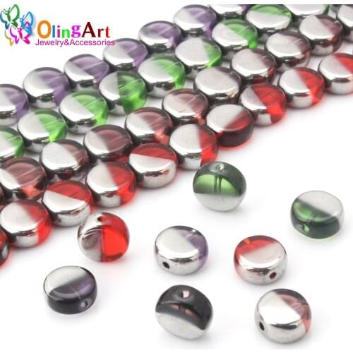 OlingArt 12MM 8pcs Glass crystal half Metal plating Mixed colors Flat round shape beads DIY necklace Bracelet jewelry making