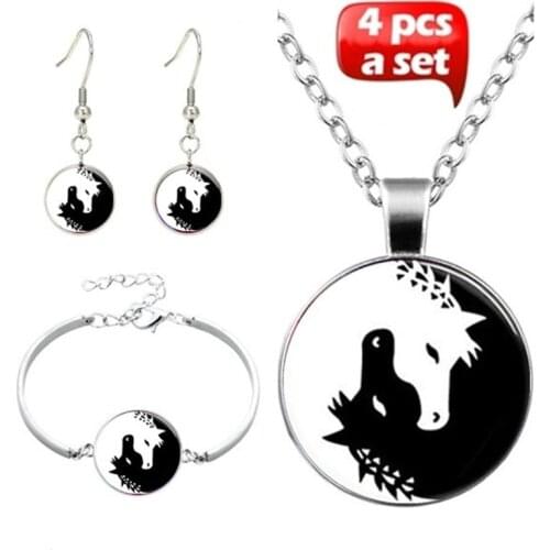 4 Pcs/Set Handmade Glass Cabochon Necklace Earrings Bangle Yin Yang Horse Art Picture Pendant Statement Chain For Women Jewelry