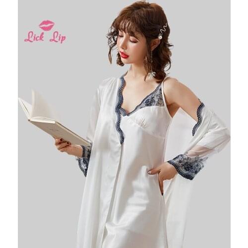Lick Lip Autumn Two-piece Silk Ladies Pajamas Set V-Neck Lace Two Sets Nightdress Robe Sexy Luxury Noble Home Suit SWD12512-30