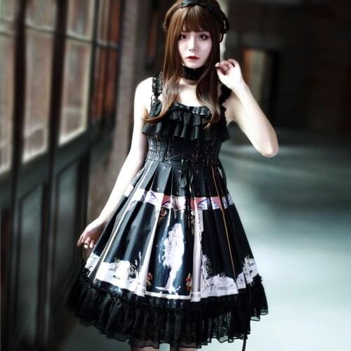 Princess gothic lolita dress vintage lace bowknot printing high waist victorian dress kawaii girl gothic lolita jsk loli cosplay