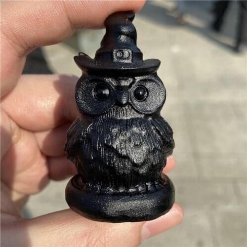 Natural Obsidian Witch Hat Owl Figurine Crystal Carved Statue Animal Home Ornament Art Collectible Gift 1pcs