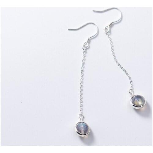 Real. 925 Sterling Silver jewelry Natural Moonstone labradorite stone Threader Long Earrings Hook Piercing C-E9595