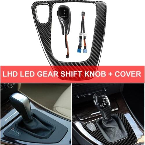 LHD LED Gear Shift Shifter Knob Automatic Lever Carbon Fiber Cover Trim For BMW 3-series E90 E91 E92 E93 Pre-facelift 2006-2009