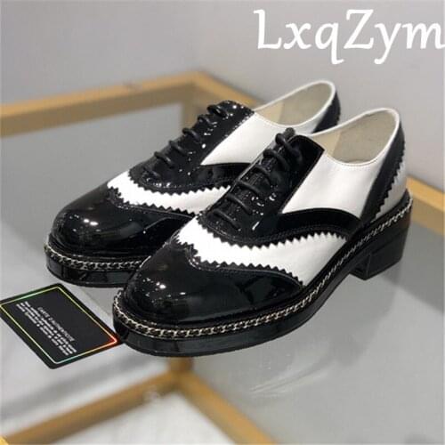 Black White Genuine Leather British Lace Up Thick Sole Pumps Woman Round Toe Chain Decor Chunky Heels Loafers High Quality