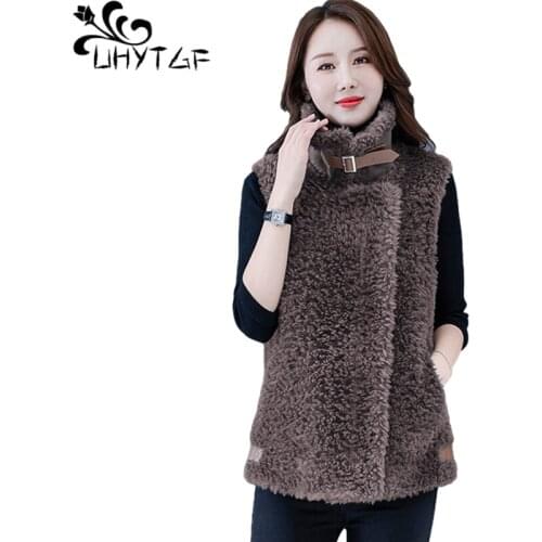UHYTGF Womens Sleeveless Jacket New Lambswool Autumn Winter Fur Vests Female Pure Color Wild Casual Warm 2XL Plus Size Coat 1157