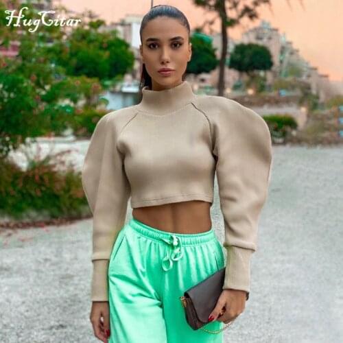 Hugcitar 2020 Long Puff Sleeve Turtleneck Solid Ribbed Tshirt Top Autumn Winter Women Fashion Streetwear Casual Outfits