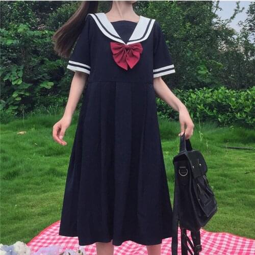Japanese College Sailor Collar Bow Short-Sleeved High-Waist Pleated Girlfriends JK Dress Female Summer school girl uniform