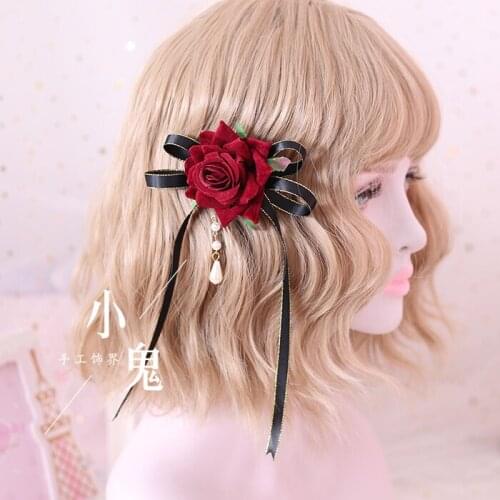 Multicolor Dark Gothic Lolita Hair Lolita Flower Marry Rose Headwear Side Clip Pearl Pendant Hairpin Brooch Side Clip