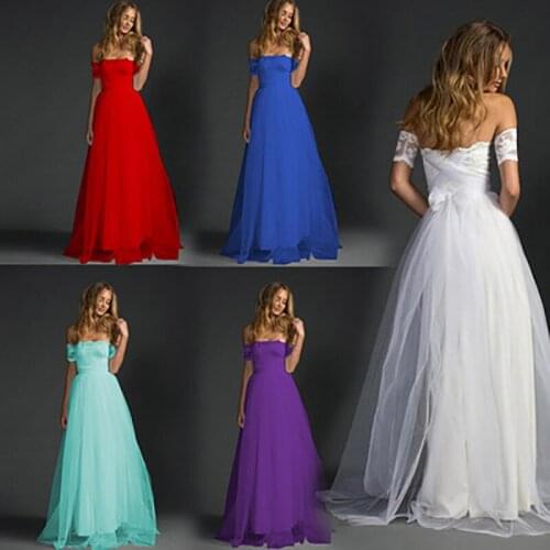 Women Long Tulle Evening Dresses Off The Shoulder Strapless Floor Length Prom Gowns Lace Up Appliques Sleeves Dress