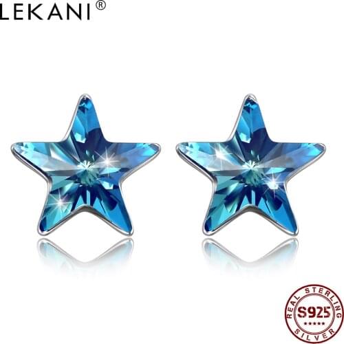 LEKANI Sterling 925 Silver Star Stud Earrings For Women Blue Shinning Crystal Earring Girlfriend Birthday Gift Fine Jewelry