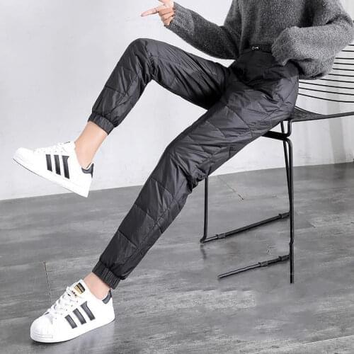 Women Down Padded Pants Winter Warm Outside Cotton Trousers High waist Casual Sporting Pants Plus size Loose Down Cotton Pants