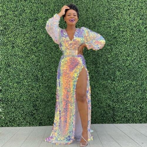 Laser Sequins Prom Dresses High Split Long Sleeves Colorful Sequin Brithday Dress Customize African Prom Gowns robes de cocktail