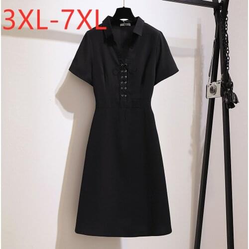 New 2021 summer plus size dress for women large loose short sleeve black French girl vintage V neck bow dress 4XL 5XL 6XL 7XL