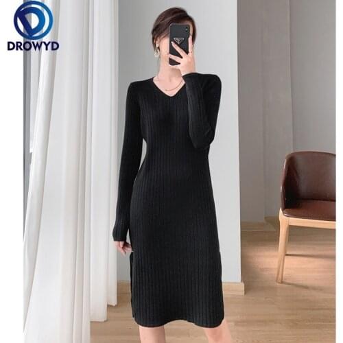 2021 New Autumn and Winter Mid-length Sweater Dress V-neck Strip Loose and Thin Inner Knit Dress Female Stretch Pullover Dresses
