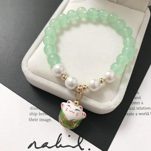 New Lucky Cat Stone Beads Bracelet Bangles Simple Sweet Ceramic Bracelets for Women Christmas Gift Female Charm Jewelry