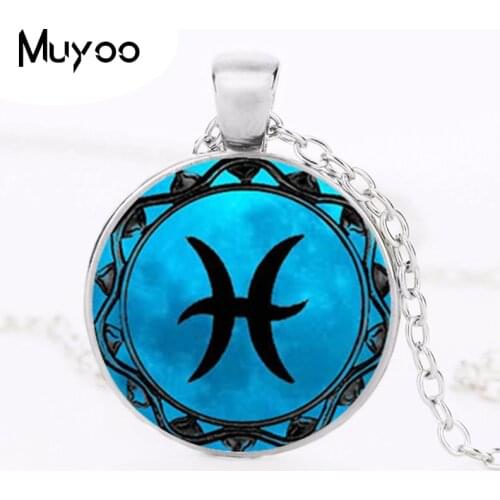 12pcs Fine Jewelry Blue Moon Zodiac Symbol Pendant Necklace Glass Cabochon Round Chain Statement Necklace Christmas Gift HZ1
